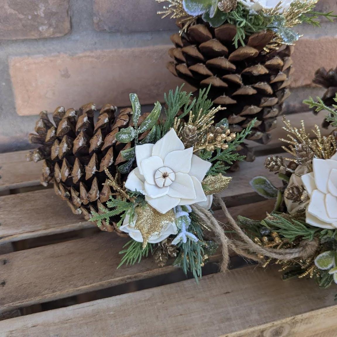 Pine Cone Christmas Ornament with Wood Flowers, Christmas Tree Ornament, Pine Cone Decor, Christmas Tree Decor