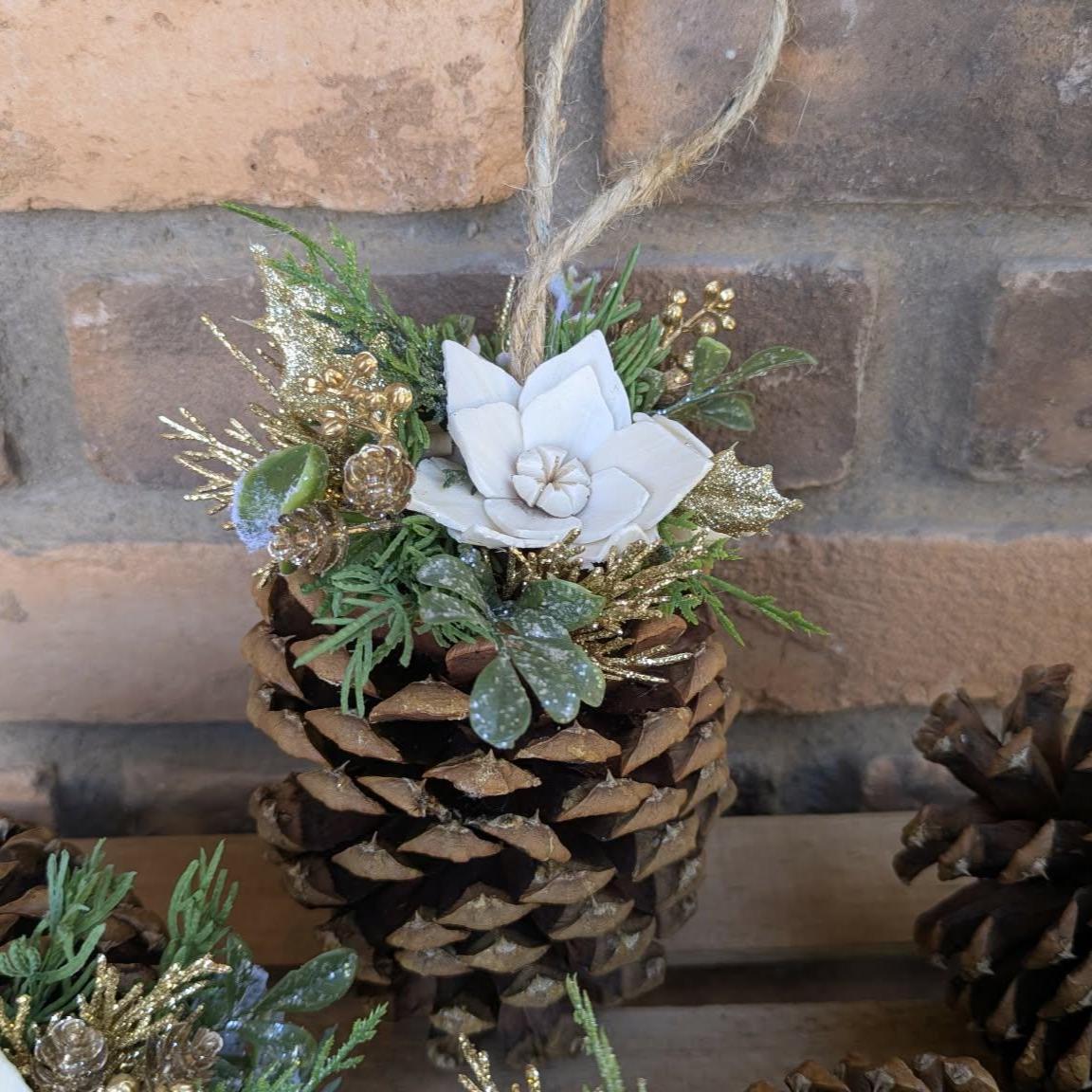 Pine Cone Christmas Ornament with Wood Flowers, Christmas Tree Ornament, Pine Cone Decor, Christmas Tree Decor