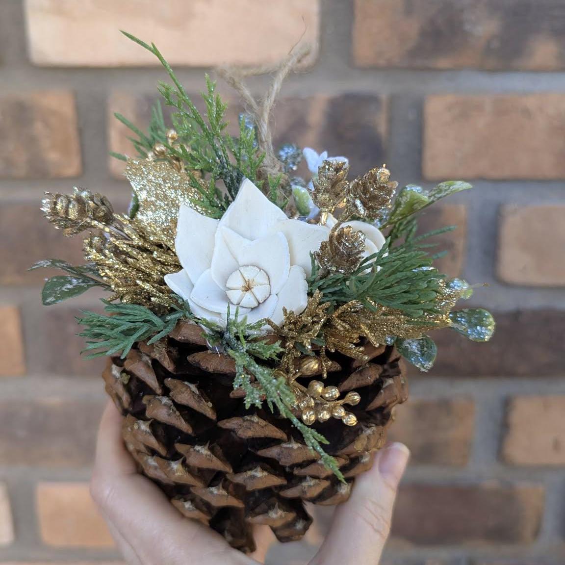 Pine Cone Christmas Ornament with Wood Flowers, Christmas Tree Ornament, Pine Cone Decor, Christmas Tree Decor