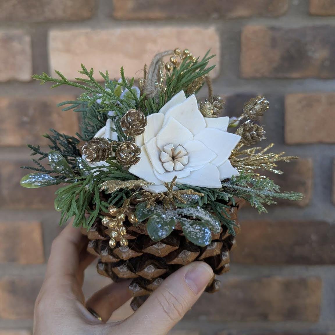 Pine Cone Christmas Ornament with Wood Flowers, Christmas Tree Ornament, Pine Cone Decor, Christmas Tree Decor