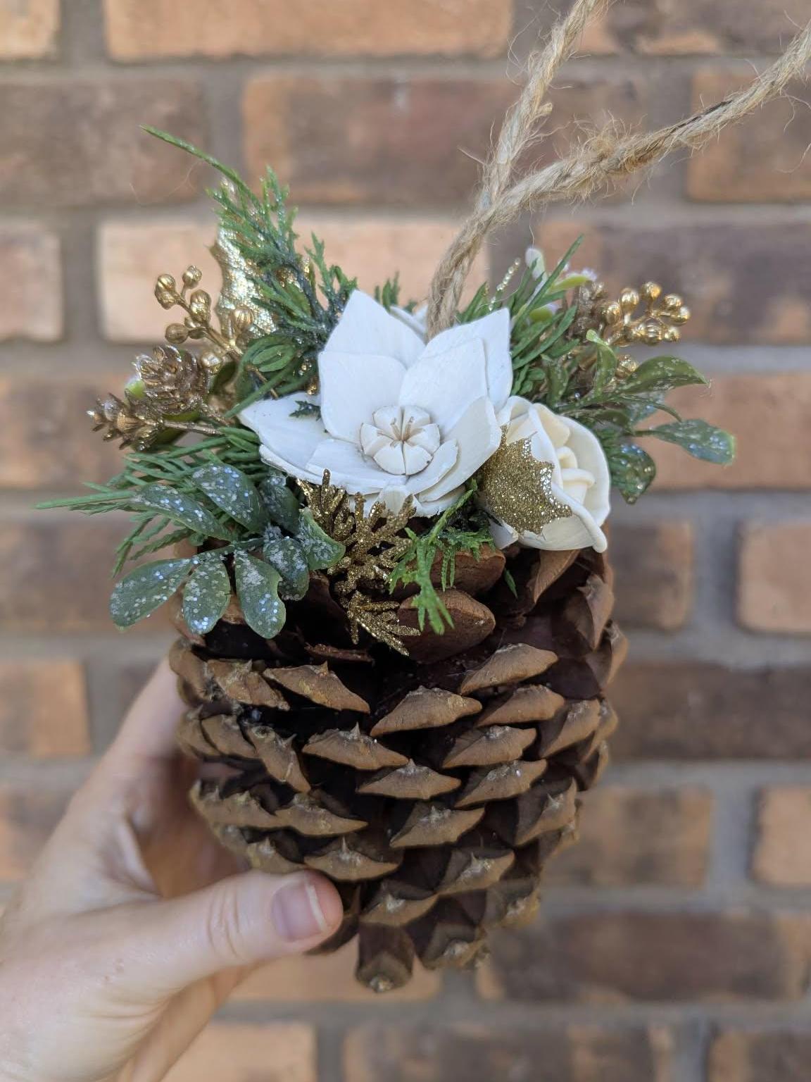 Pine Cone Christmas Ornament with Wood Flowers, Christmas Tree Ornament, Pine Cone Decor, Christmas Tree Decor