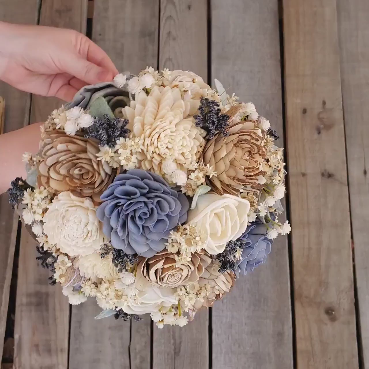 Slate Blue Wood Flower Bridal Bouquet, Dusty Blue Wooden Wedding Bouquet, Rustic Wedding Flowers