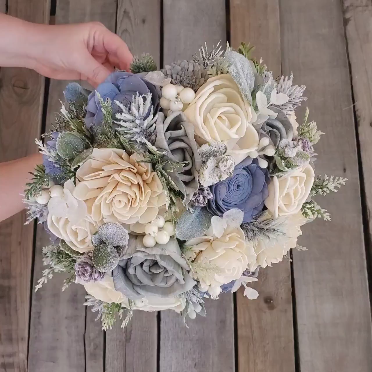 Winter Wedding Wood Flower Bouquet, Dusty Blue Wedding Bouquet, Sola Wood Flowers Christmas Bouquet