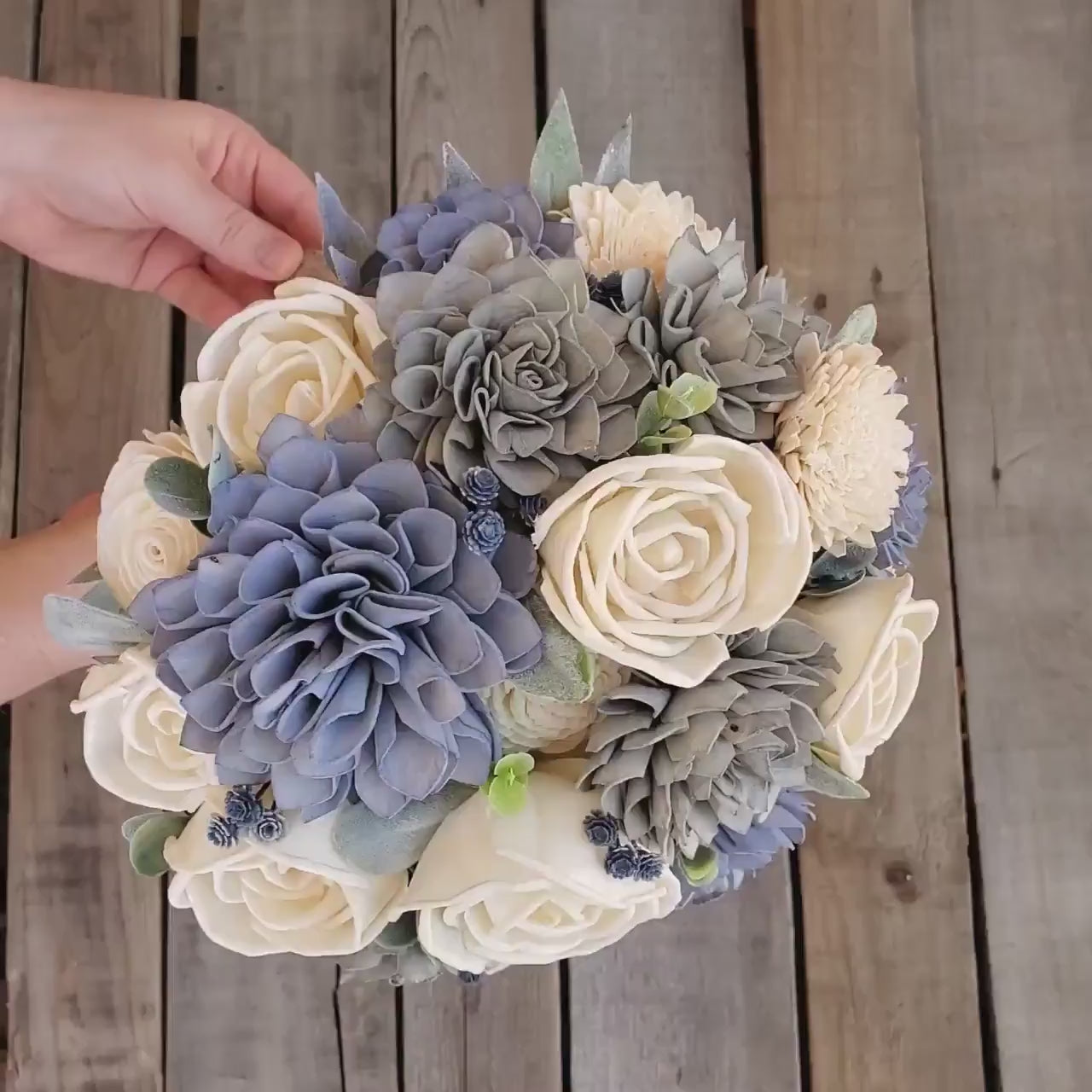 Slate Blue Sola Wood Flower Bouquet, Fake Bridal Flowers, Dusty Blue Wooden Wedding Bouquet