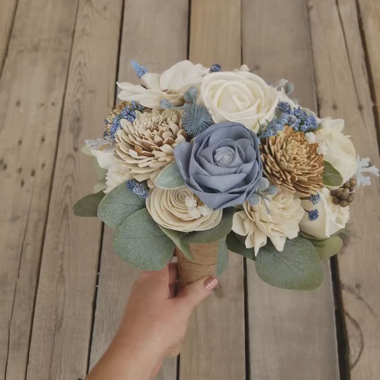 Dusty Blue Sola Wood Flower Wedding Bouquet: Dusty Blue, Bark, and Cream Wood Flowers for Bride