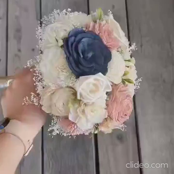 Sola Wood Flower Bouquet, Navy Bridal Bouquet, Blush Wedding Bouquet, Artificial Bridal Bouquet