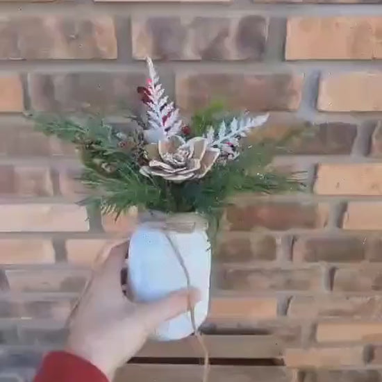 Holiday Wood Flower Mason Jar Arrangement, Winter Christmas Centerpiece, Holiday Hostess Gift, Festive Wooden Flower Table Centerpiece