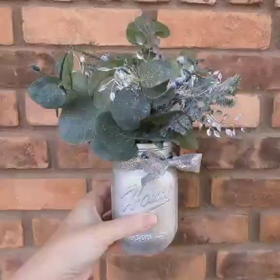 Holiday Wood Flower Mason Jar Arrangement, Silver Christmas Centerpiece, Holiday Hostess Gift, Festive Wooden Flower Table Centerpiece