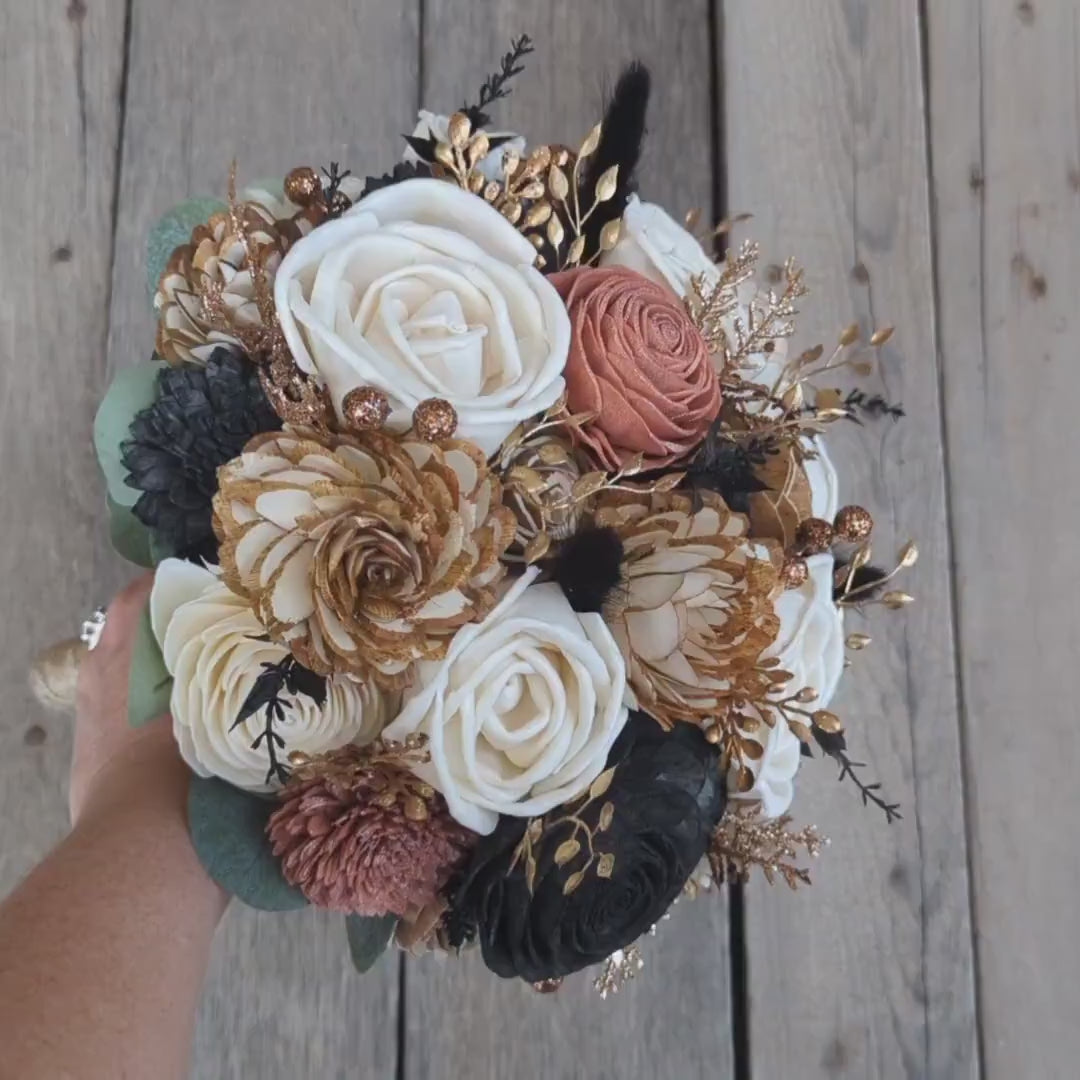 Rose Gold and Black Wedding Bouquet, Wood Flower Bouquet, New Years Wedding Flowers, Glitter Bouquet, Sola Wood Flowers Bridal Bouquet