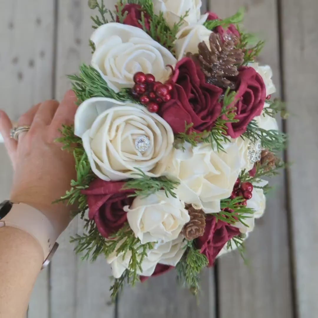 Burgundy Winter Wedding Bouquet with Wood Flowers and Pine Cones, Wooden Bridal Bouquet