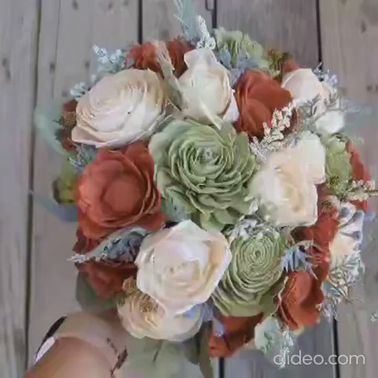 Pre-Made Fast Shipping, Fall Wedding Bouquet, Wood Flower Bouquet, Rust and Sage Bridal Bouquet, Wooden Flower Bouquet, Sola Wood Flowers