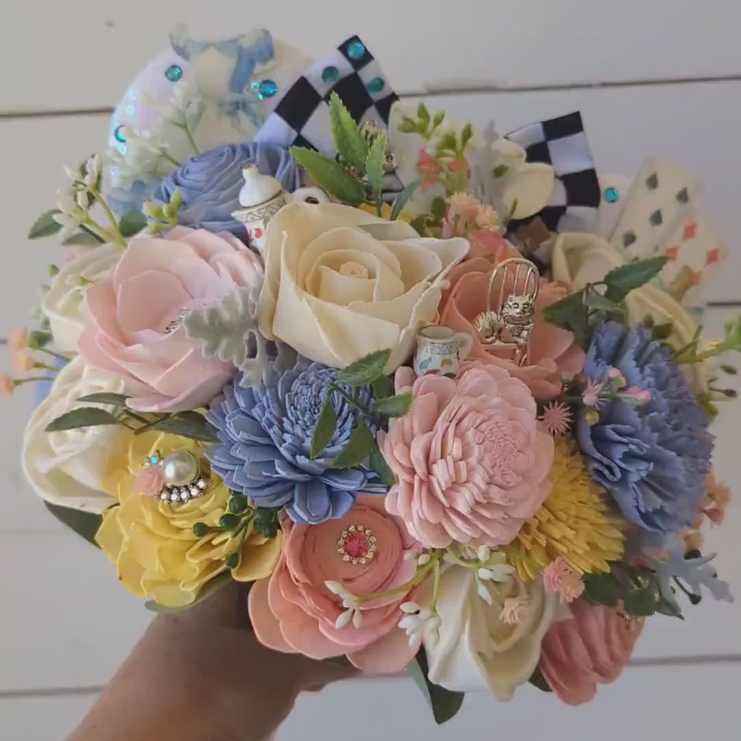 Alice Inspired Wood Flower Bouquet with Mouse Ears, Magical Bridal Bouquet Wedding Keepsake, Sola Wood Flowers Fake Bouquet