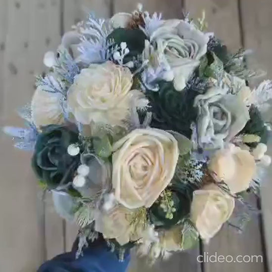 Wood Flower Bridal Bouquet, Hunter Green Wedding Bouquet, Winter Wooden Flower Bouquet, Bridesmaid Bouquet, Fake Flower Bouquet