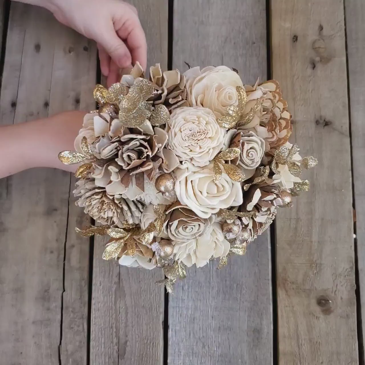 Gold Wood Flower Bridal Bouquet, Quinceanera Bouquet, Wedding Bouquet, Flowers for Bride or Bridesmaid