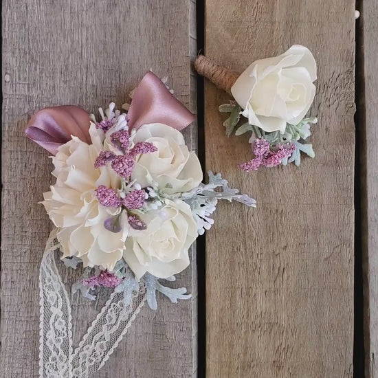 Corsage and Boutonniere Set with Wood Flowers, Wedding Flowers, Bridal Wrist Corsage, Wooden Corsage Set