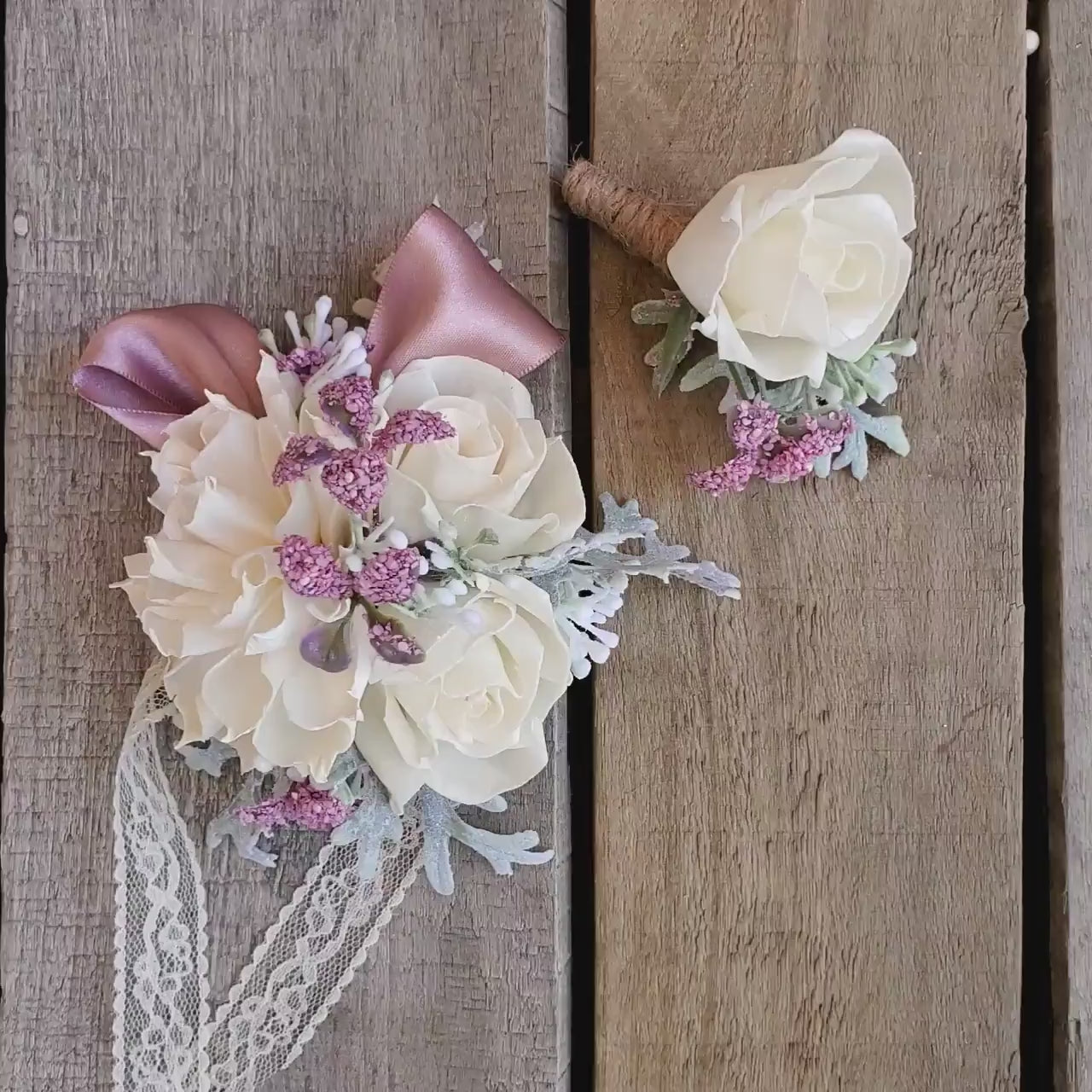 Corsage and Boutonniere Set with Wood Flowers, Wedding Flowers, Bridal Wrist Corsage, Wooden Corsage Set