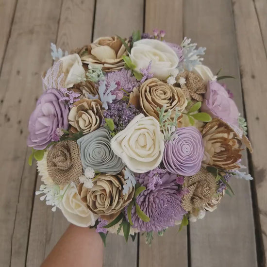 Lavender and Burlap Bridal Bouquet, Rustic Wood Flower Bouquet, Artificial Bridal Bouquet, Wooden Wedding Flowers