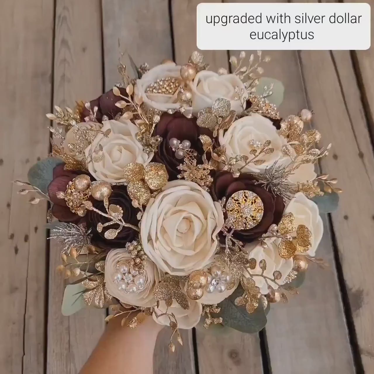 Brooch Bouquet, Sola Wood Flowers, Gold Wooden Bridal Bouquet, Wedding Flowers with Gold Brooches