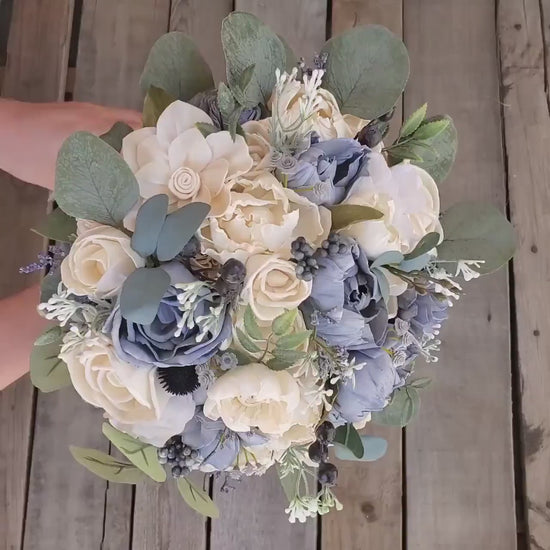 Dusty Blue Sola Wood Flower Bridal Bouquet, Slate Blue Wedding Flowers, Bridesmaid Bouquet