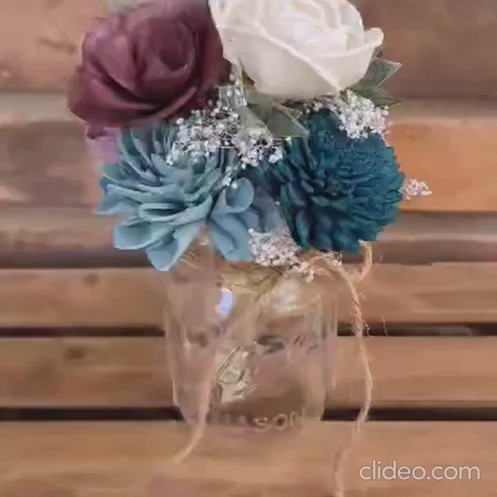 Wood Flower Mason Jar Bouquet, Wooden Flowers Centerpiece Bouquet, Pint Mason Jar Bouquet, Wedding Table Centerpiece Bouquet