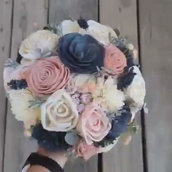 Navy Blue and Blush Pink Artificial Wedding Bouquet with Sola Wood Flowers, Wooden Flowers Bridal Bouquet, Blush Bridesmaid Bouquet