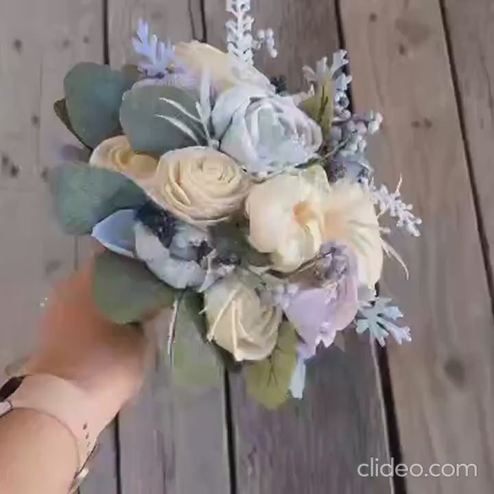 Dusty Blue and Lavender Wood Flower Bouquet, Beach Wedding Bouquet, Wooden Bridal Bouquet, Wedding Flowers