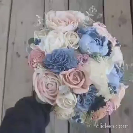 Wood Flower Bridal Bouquet with Slate Blue, Blush Pink, Light Blue, and Light Pink Wooden Flowers, Wedding Bouquet Brides and Bridesmaids