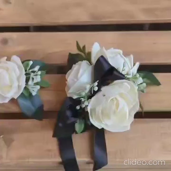 Corsage and Boutonniere Set with Wood Flowers, Prom Corsage and Boutonniere, Prom Flowers, Bridesmaid Wrist Corsage, Wedding Flowers