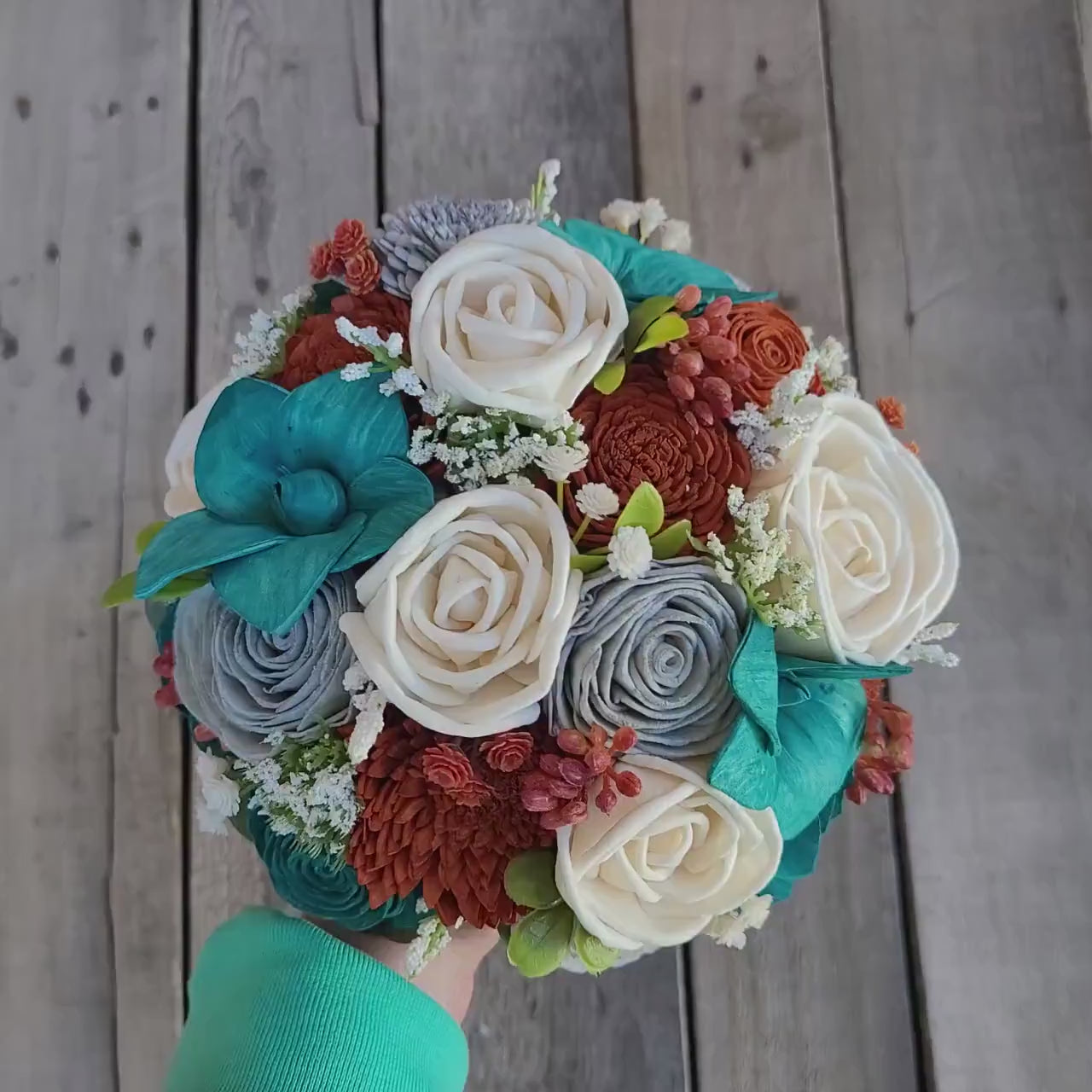 Fall Wedding Sola Wood Flower Bouquet, Wooden Bouquet, Burnt Orange Bridal Flowers