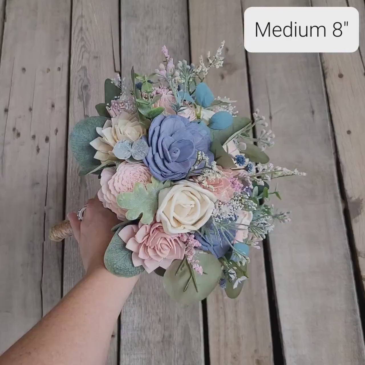Wood Flower Bouquet, Dusty Blue and Pink Wedding Bouquet, Slate Blue Bridal Flowers, Wood Flowers Bridal Bouquet