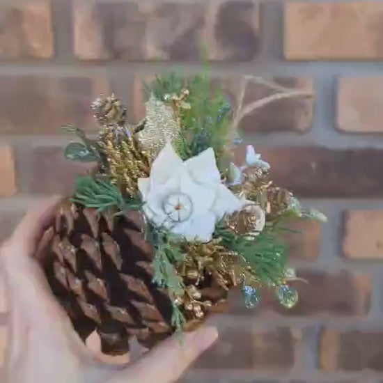 Pine Cone Christmas Ornament with Wood Flowers, Christmas Tree Ornament, Pine Cone Decor, Christmas Tree Decor