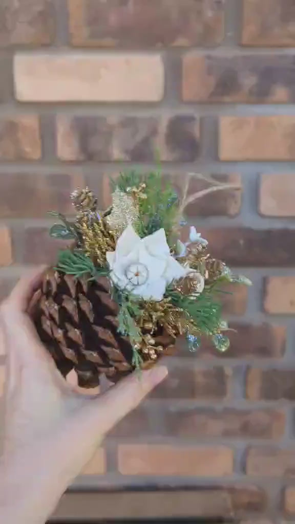 Pine Cone Christmas Ornament with Wood Flowers, Christmas Tree Ornament, Pine Cone Decor, Christmas Tree Decor