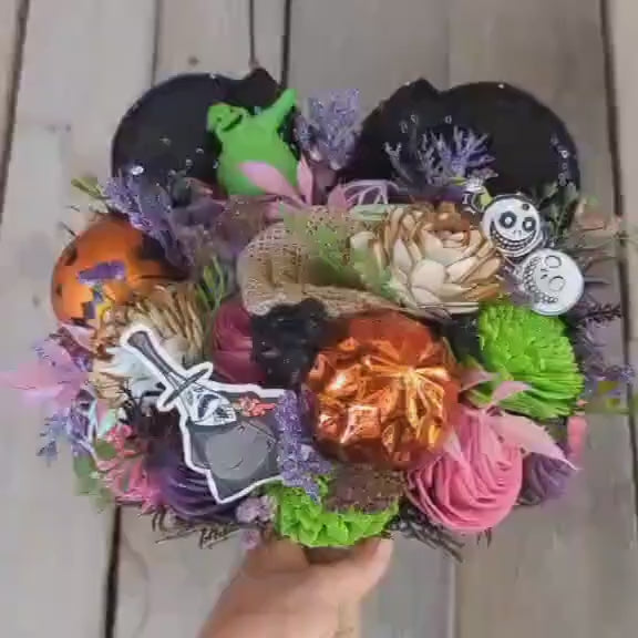 Oogie Boogie Nightmare Before Christmas Inspired Wood Flower Bouquet, Cosplay Bridal Bouquet, Halloween Wedding Flowers, Jack and Sally