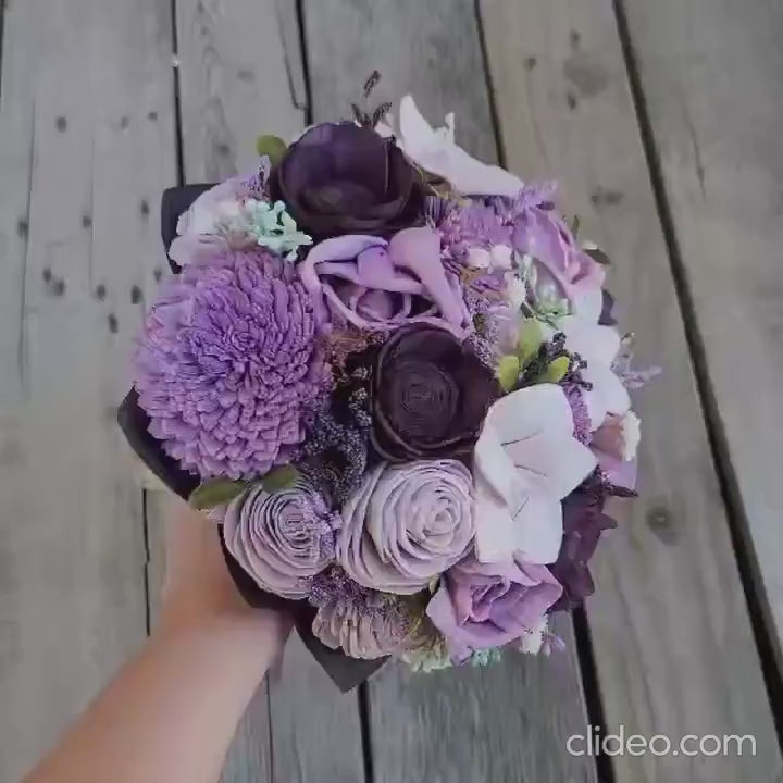 Wood Flower Bouquet, Lavender Bridal Bouquet, Plum Wedding Bouquet, Lilac Wooden Flower Bouquet, Sola Wood Flowers, Fake Flower Bouquet