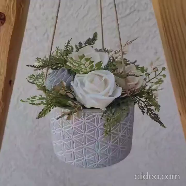 Wood Flower Hanging Planter, Wooden Flowers Housewarming Gift, Cement Planter with Fake Flowers, Wood Flowers Succulent planter