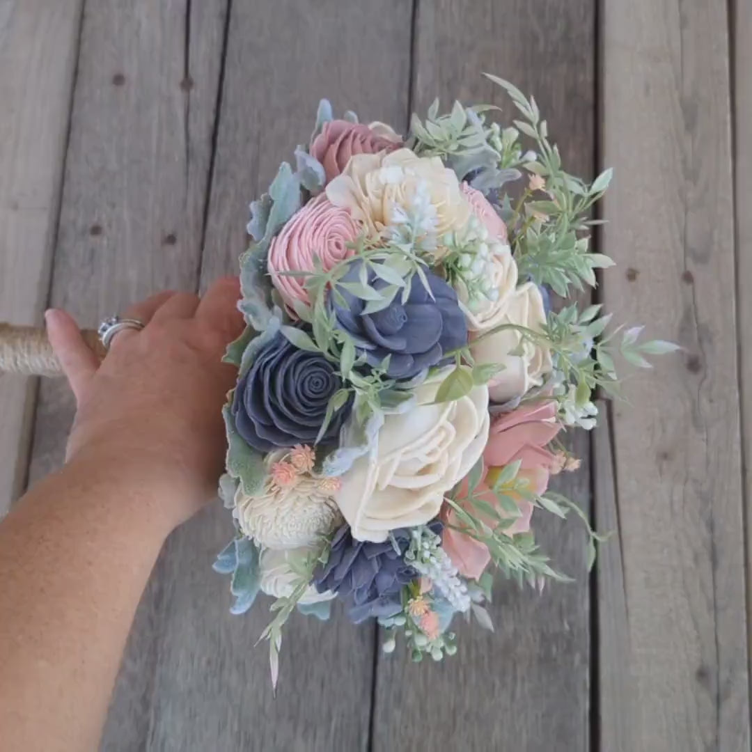 Artificial Wedding Bouquet, Slate Blue Dusty Blue Bridal Bouquet with Wood Flowers, Sola Wood Flower Bouquet, Wedding Elopement Bouquet
