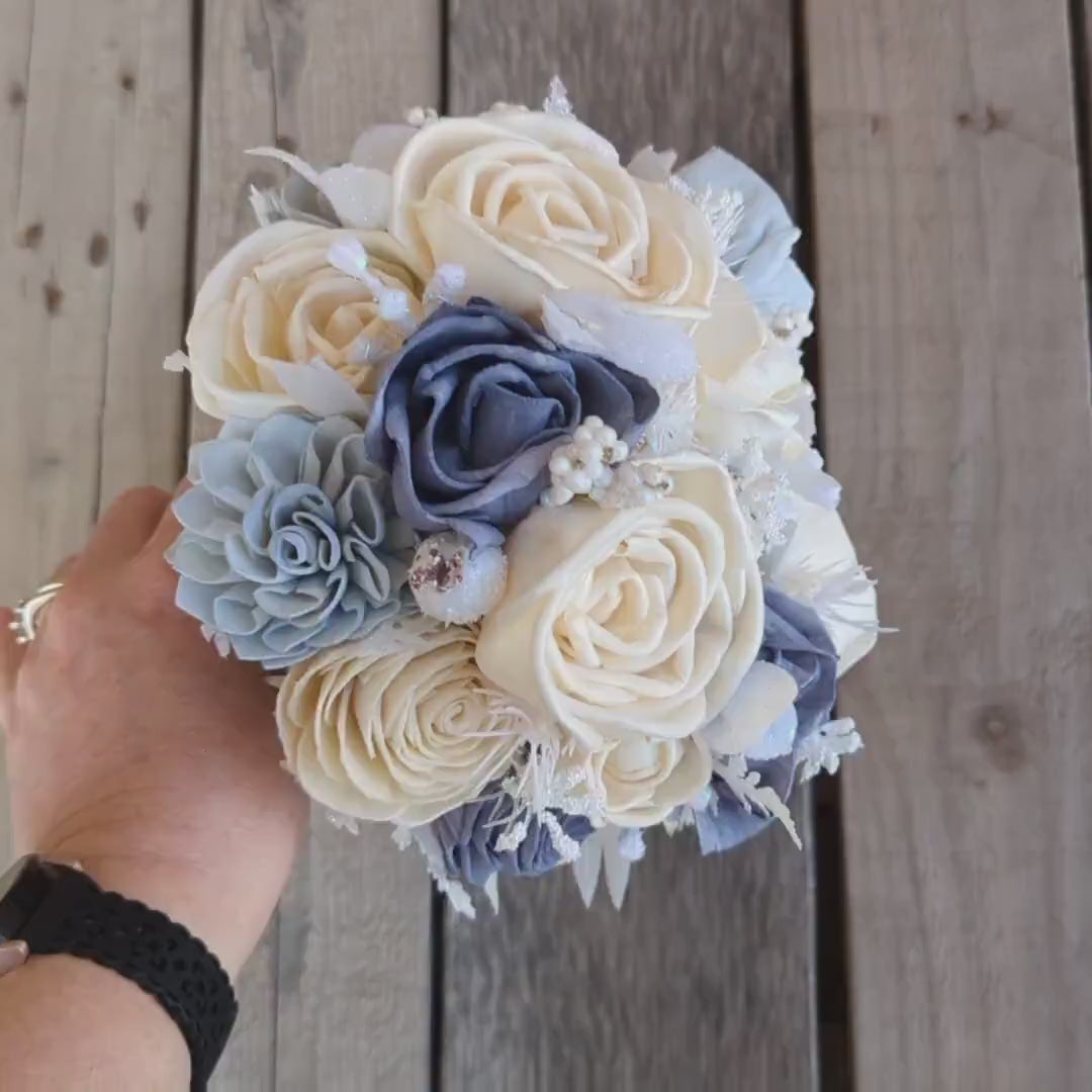 Dusty Blue Wood Flower Bouquet, Winter Wedding Bouquet, Slate Blue Artificial Bridal Bouquet