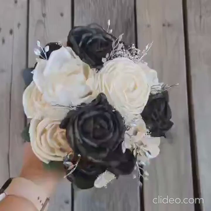 Wood Flower Bouquet, Black and White Wedding Bouquets, Wooden Flower Bouquet, Black and Silver Bridal Bouquet, Sola Wood Flowers