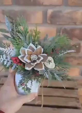 Holiday Wood Flower Mason Jar Arrangement, Winter Christmas Centerpiece, Holiday Hostess Gift, Festive Wooden Flower Table Centerpiece