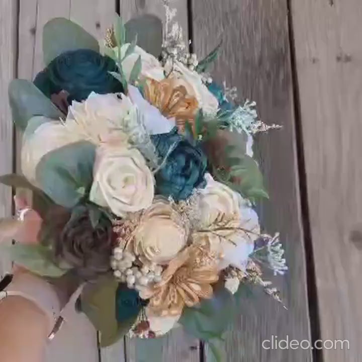 Fall Wedding Bouquet, Wood Flower Bouquet, Dark Teal Bridal Bouquet, Fall Wooden Flower Bouquet, Sola Wood Flowers, Fake Flower Bouquet