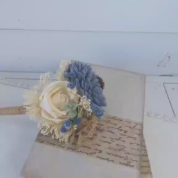 Small Wood Flower Bouquet with Slate Blue and Burlap, Toss Bouquet for Bride, Wooden Flower Girl Bouquet, Elopement Bouquet