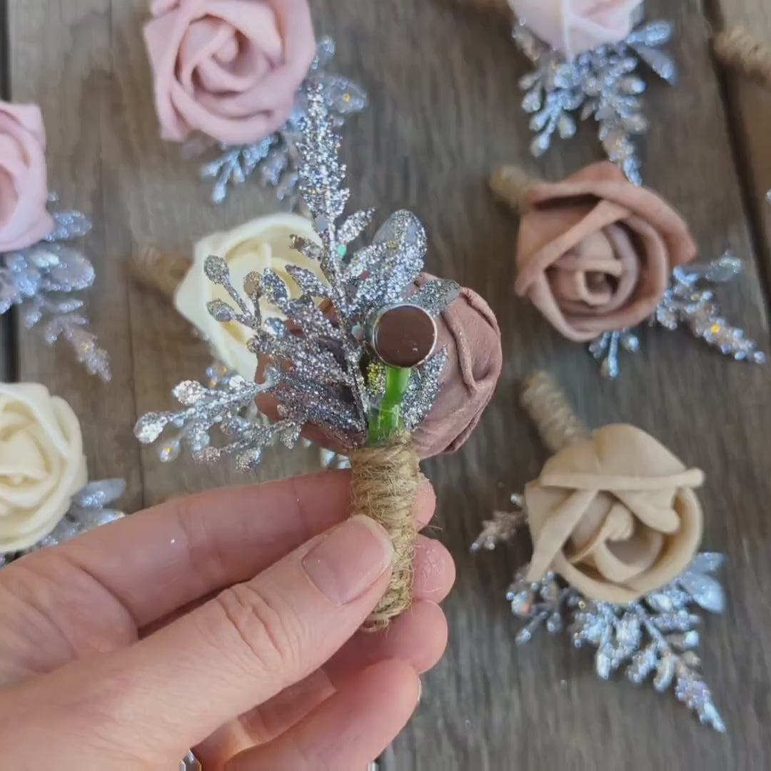 Wood Rose Boutonniere, Silver Groomsmen Boutonniere, Wedding Boutonniere, Wooden Flower Lapel Pin
