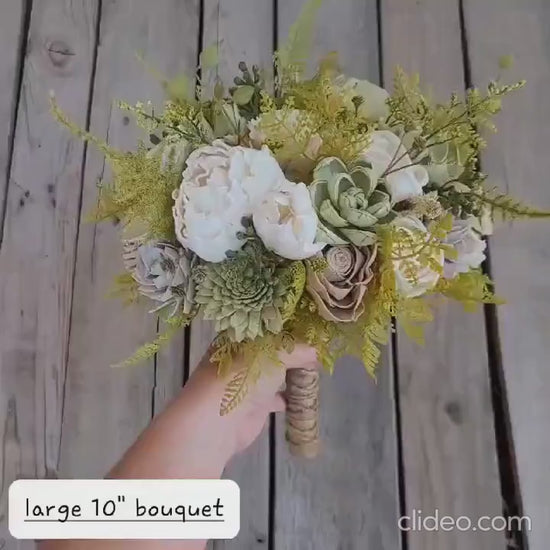 Sage Green Wood Flower Bouquet, Sage and Taupe Bridal Bouquet, Wooden Wedding Flowers, Fall Wedding Bouquet, Bride and Bridesmaid Flowers