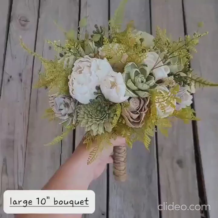 Sage Green Wood Flower Bouquet, Sage and Taupe Bridal Bouquet, Wooden Wedding Flowers, Fall Wedding Bouquet, Bride and Bridesmaid Flowers