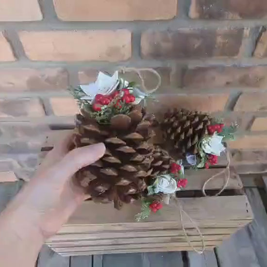 Pine Cone Christmas Ornament with Wood Flowers, Christmas Tree Ornament, Pine Cone Decor, Christmas Tree Decor