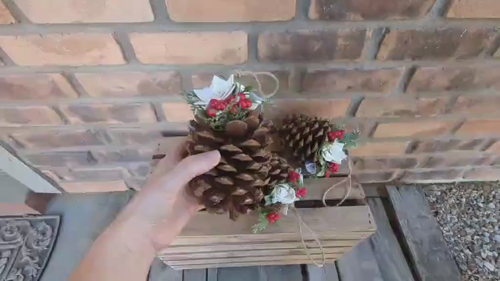 Pine Cone Christmas Ornament with Wood Flowers, Christmas Tree Ornament, Pine Cone Decor, Christmas Tree Decor