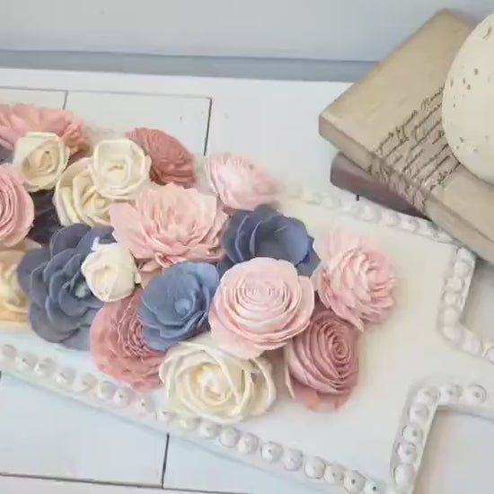 Sola Wood Flowers for Crafting in Slate Blue, Blush, Light Pink and Cream, DIY Wooden Flowers for Wedding Cake, Bouquets, Corsages, Bridal