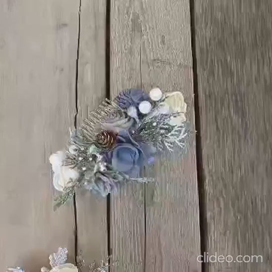 Wood Flower Hair Comb, Winter Wedding Hair Comb, Wooden Flowers, Wedding Hair Accessories, Bridal Hair Comb, Dusty Blue Bridal Hair Piece