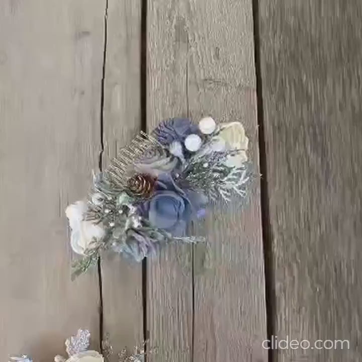 Wood Flower Hair Comb, Winter Wedding Hair Comb, Wooden Flowers, Wedding Hair Accessories, Bridal Hair Comb, Dusty Blue Bridal Hair Piece