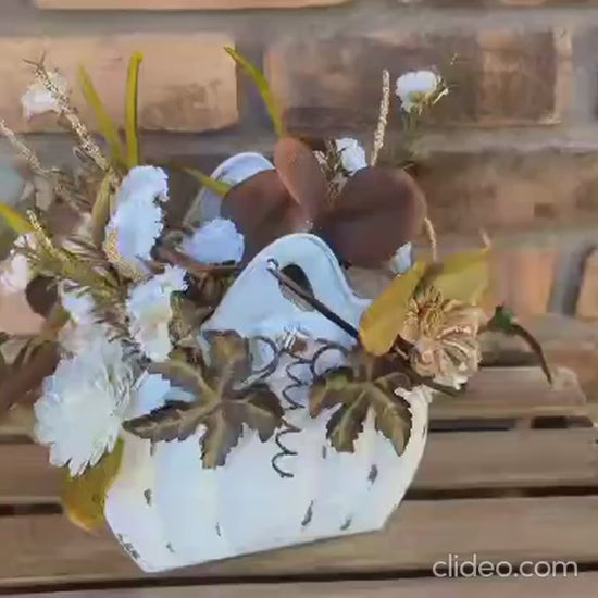 Wood Flowers Floral Arrangement for Fall, Thanksgiving Table Centerpiece, Cream Pumpkin Floral Arrangement, Fall Home Decor